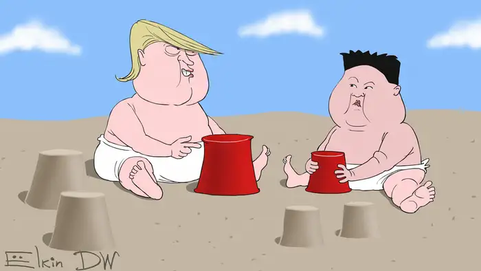 Karikatur von Sergey Elkin | Streit zwischen Kim und Trump über die Atomknöpfe