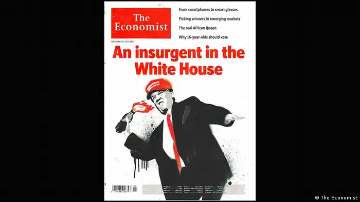 Das britische Wochenmagazin The Economist inszenierte den obersten Befehlshaber im Februar 2017 als Aufständler, der Brandsätze wirft. Während Chaos in der Politik normalerweise im Versagen ende, scheine es bei Trump ein Teil des Plans zu sein, schrieb das Magazin in der Titelgeschichte. 