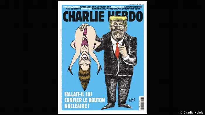 Schrill ging es beim französischen Satiremagazin Charlie Hebdo zu, das auf einen aufgetauchten Videomitschnitt reagierte. In diesem hatte Trump gesagt, man(n) könne Frauen in den Schritt greifen und überhaupt alles machen, was man wolle. Charlie Hebdo fragte: Sollte man ihm den nuklearen Knopf anvertrauen? 