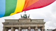 30.06.2017 June 30, 2017 - Berlin, Germany - The rainbow flag and Brandenburg Gate during the celebrations after the vote. The lawmakers of the Bundestag (German Parliament) have voted in favor of legalizing same-sex marriage, in a snap voting procedure on Friday June 30, 2017 in Berlin. German Chancellor Angela Merkel announced that she will support a ''vote of conscience'' on the âMarriage to Allâ (Ehe fÃ_r alle) law which will allow the MPs to vote freely regardless of political or party affiliation. Current laws in Germany allow a same sex couple to engage in a âcivil unionâ but not marriage |
