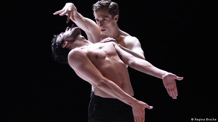Two dancers dance in a scene from the ballet Nijinski by Marco Goecke