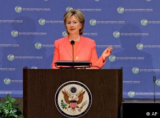 Secretary of State Hillary Rodham Clinton addresses delegates attending an international symposium on worldwide environmental concerns, the Major Economies Forum on Energy and Climate, at the State Department in Washington, Monday, April 27, 2009. (AP Photo/J. Scott Applewhite)