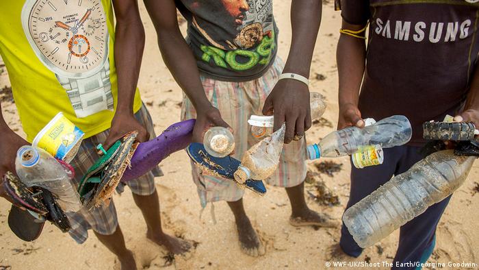 Plastic bottles in the beach on an island off the Kenyan coast
