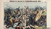 Herero-Aufstand 1904 / Holzstich
Deutsch-Suedwestafrika, Hereroaufstand 1904/5. - 'Aufstand der Hereros in Deutsch-Suedwestafrika 1904'. -
Lithographie, koloriert.
Druck: C. Burckurdt's Nachf., Weissenburg (Nr. 1796). |