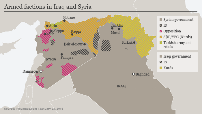 Map showing areas controlled by various armed groups in Iraq and Syria