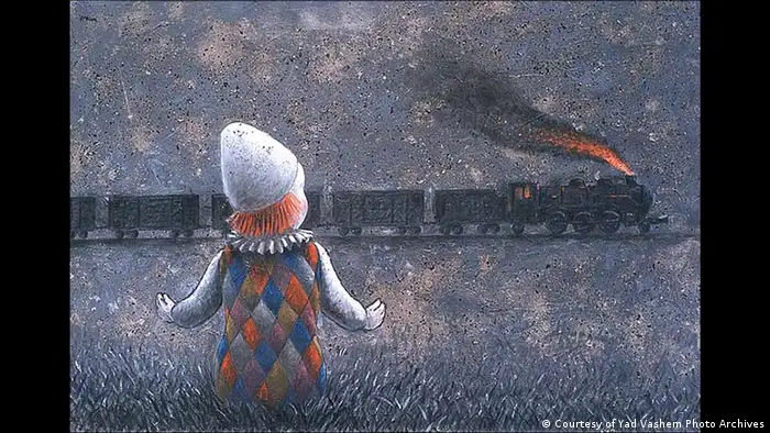 Dibujo que muestra a un niño disfrazado de payaso mirando un tren que pasa. 
