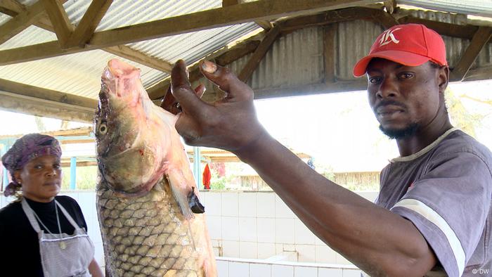 A fisherman holds up his catch