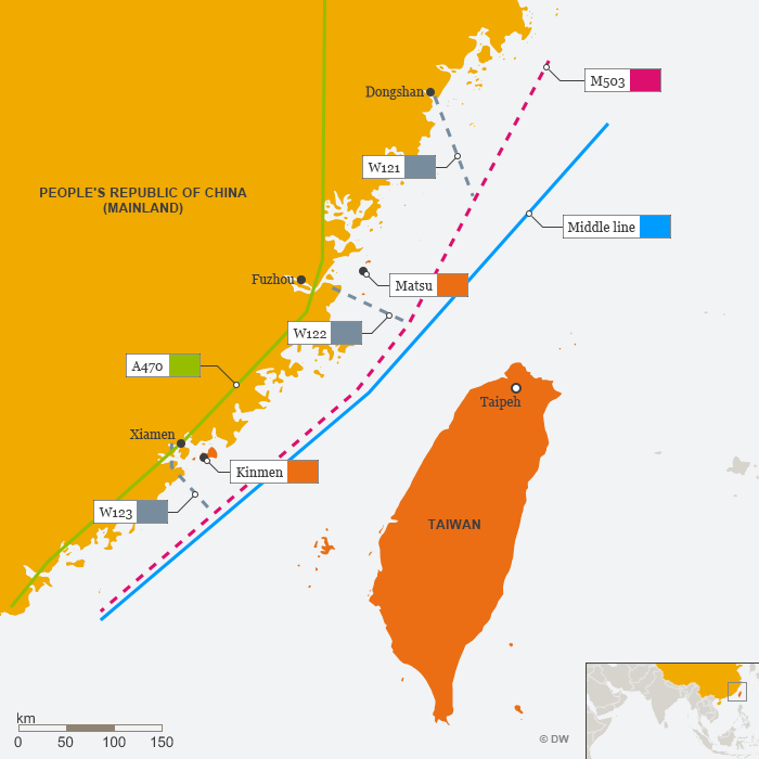 Karte Infografik chinesische Fluglinien nah an Taiwan ENG