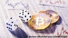 Zwei Münzen der Kryptowährung Bitcoin mit zwei Würfeln | Verwendung weltweit