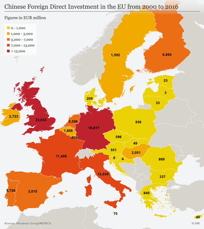Map showing Chinese FDI in Europe
