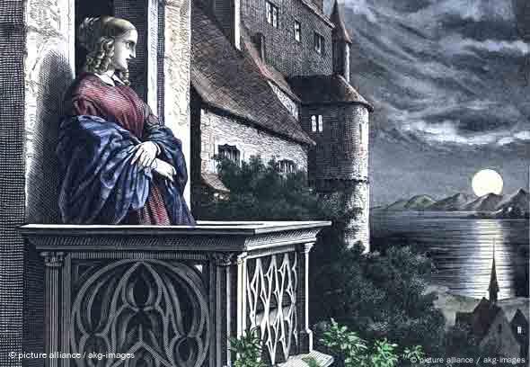 Annette von Droste-Hülshoff auf der Meersburg - Holzstich, undatiert, nach einer Zeichnung von Theobald von Oer (1807-1885), neukoloriert (Foto: picture-alliance / akg-images)