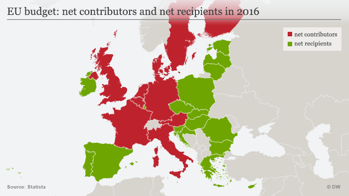 Infografik Karte EU-Haushalt: Nettozahler- und Nettoempfängerländer 2016 ENG