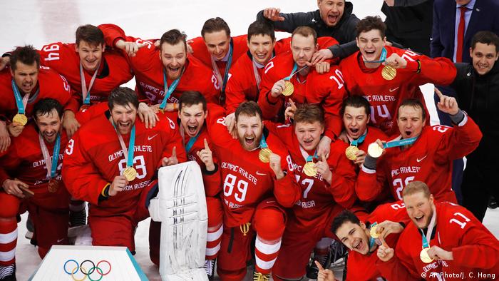 The Olympic Athletes from Russia celebrate winning gold in 2018