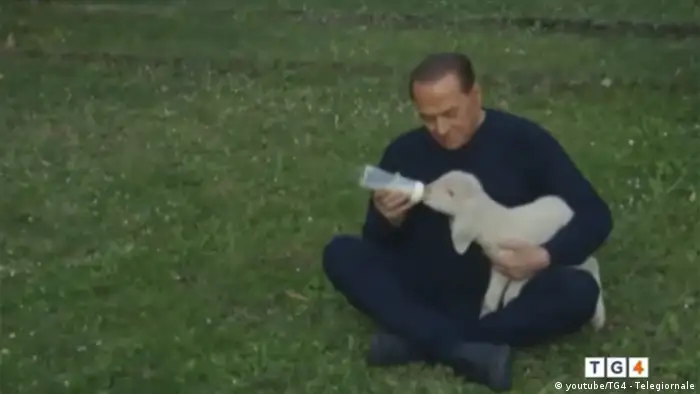 Last Easter, in an attempt to soften his image as he eyed a return to poltics, Berlusconi took part in an ad promoting vegetarianism that featured him snuggling lambs in soft lighting overlaid with easy listening music. Although Berlusconi is barred from seeking office for another year due to a fraud convinction, a bloc led by his Forza Italia party has been polling strongly.
