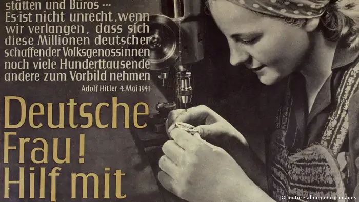 Picture of a German woman on a propaganda poster 'German woman! Help!'.