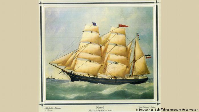German merchant sailing barque Paula in 1880 (Artist: Edouard Adam, 'Deutsches Schiffahrtsmuseum-Unterweser’) 