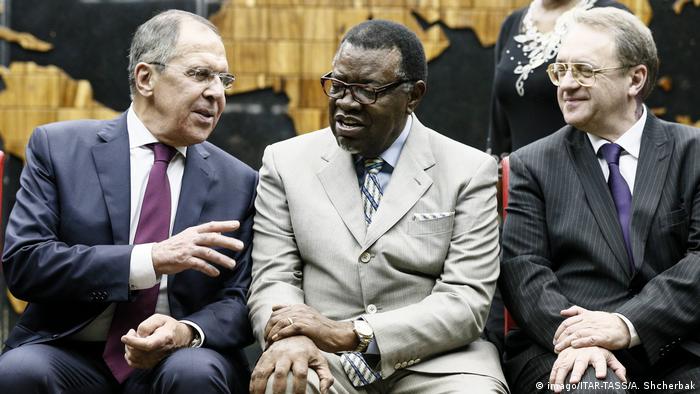 Lavrov seated next to Namibian President Haqe Geingob 