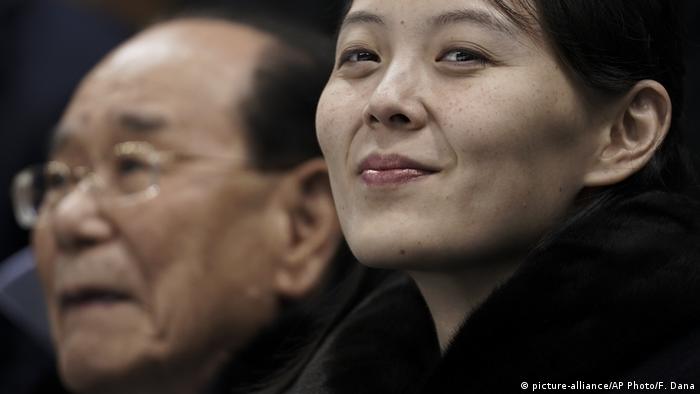 Kim Yo Jong, sister of North Korean leader Kim Jong Un, right, and North Korea's nominal head of state Kim Yong Nam, wait for the start of the preliminary round of the women's hockey game between Switzerland and the combined Koreas at the 2018 Winter Olympics in Gangneung, South Korea