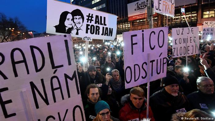 Demonstrators attend a protest called Let's stand for decency in Slovakia in reaction to the murder of Slovak investigative reporter Jan Kuciak