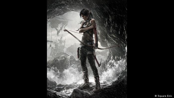 Die neue Lara Croft 2013 im Reboot der Tomb Raider Serie mit Pfeil und Bogen am Ausgang einer Höhle (Square Enix )