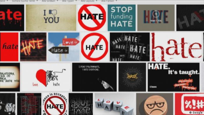 A collage of the word HATE in memes and images