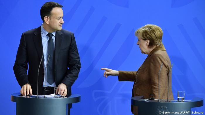 German Chancellor Angela Merkel and Irish Prime Minister Leo Varadkar leave after a news conference on their talks in Berlin on March 20, 2018 (TOBIAS SCHWARZ/AFP/Getty Images)
