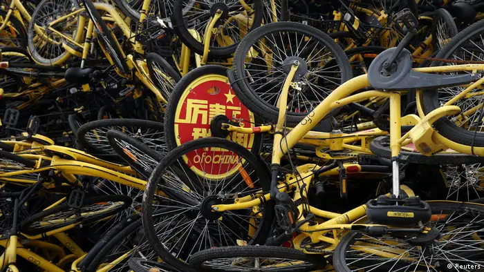 While the scheme has proven to be popular with city-dwellers, industry growth far outstrips demand. That has led to widespread abandonment of bicycles. Cities such as Shanghai have introduced regulations to prevent discarded bikes accumulating on sidewalks — but not quickly enough to prevent bicycle graveyards such as the one pictured here.