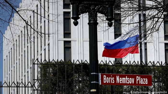 The Russian Federation flag flies in front of its embassy in Washington, DC