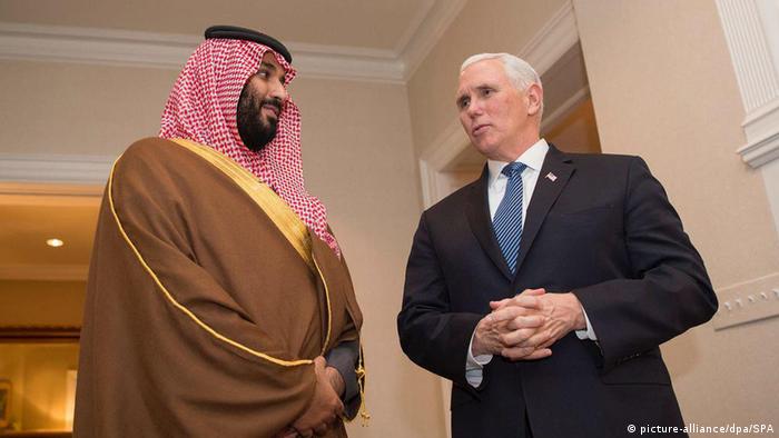 Saudi Crown Prince Mohammed bin Salman with US VP Mike Pence in Washington in March 2018