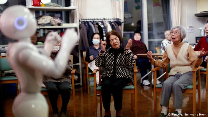 A robot leads an exercise routine at a nursing home in Tokyo