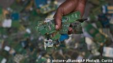 18.08.2014
In this photo taken Monday, Aug. 18, 2014, a worker gathers handfuls of cellphone printed circuit boards from a pile to put in a sack for recycling, at the East African Compliant Recycling facility in Machakos, near Nairobi, in Kenya. The amount of electronic waste generated globally last year is enough to fill 100 Empire State Buildings and represents more than 15 pounds (6.8 kilograms) for every living person, according to the U.N. Environmental Program, with much of that e-waste exported to developing countries like India and Kenya in the form of used goods. (AP Photo/Ben Curtis) |