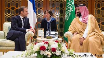 French President Emmanuel Macron meeting with Mohammed bin Salman in November 2017