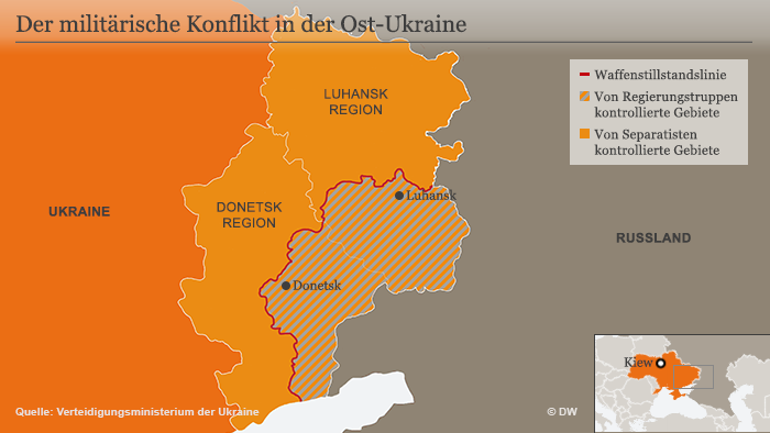 Infografik, Karte Englisch, Conflict in eastern Ukraine, ceasefire demarcation line DEU