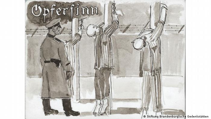 An ink drawing depicting the brutal treatment of prisoners at the Sachsenhausen concentration camp
