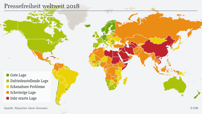 (Sperrfrist: 25.04.18/06:00) Infografik Karte Pressefreiheit weltweit 2018 DEU