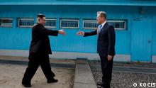 Description: South Korean President Moon Jae-In about to shake hand with North Korean Leader Kim Jong Un at the border. Time: Apr 27, 2018
Keyword: Kim Jong-Un, Moon Jae-In, Koreasummit
Copyright: KOCIS(Korea Culture and Information Service)