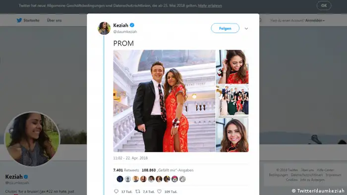USA: Screenshot Twitter Post Abschlussball Keziah Daum in traditionell chinesischem Kleid