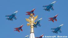 Russian army MiG-29 jet fighters of the Strizhi (Swifts) and Su-30 jet fighters of the Russkiye Vityazi (Russian Knights) aerobatic teams fly in formation during the Victory Day parade, marking the 73rd anniversary of the victory over Nazi Germany in World War Two, in central Moscow, Russia May 9, 2018. REUTERS/Maxim Shemetov