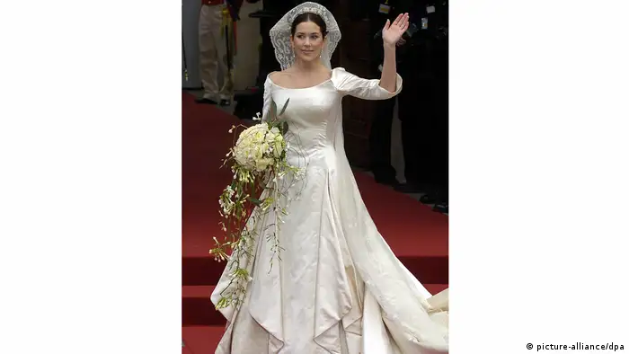 Born Mary Donaldson in Australia, Princess Mary joined what is perhaps Europe's most popular royal family when she married Frederik, the Crown Prince of Denmark in 2004. The dress was made by Danish designer Uffe Frank, and included 100-year old Irish lace that was originally given to Frederik's great-grandmother, Crown Princess Margaret of Sweden.