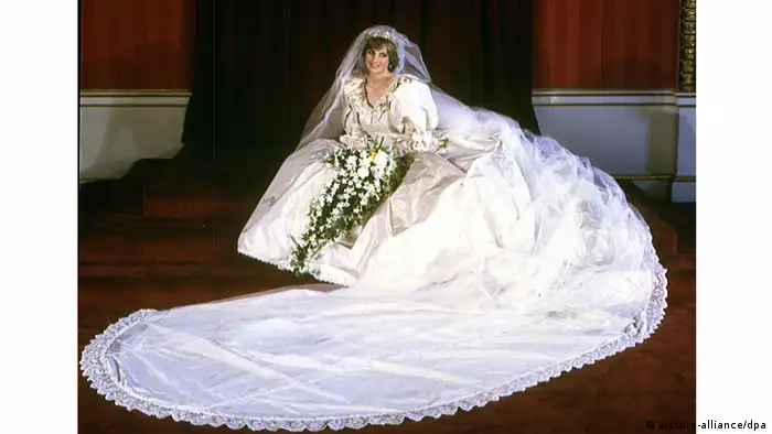 The gown worn by then-Lady Diana Spencer at her wedding to Prince Charles in 1981 is perhaps the most well-known in history. The puffed sleeves and full skirt would impact bridal styles for years to come. The dress by David and Elizabeth Emmanuel cost 9,000 pounds and featured a 25-foot (7.62 m) train.The huge train made it notoriously difficult for Diana to fit in her wedding carriage.