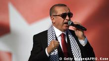 Turkish President Recep Tayyip Erdogan addresses a protest rally in Istanbul on May 18, 2018, against the recent killings of Palestinian protesters on the Gaza-Israel border and the US embassy move to Jerusalem. (Photo by OZAN KOSE / AFP) (Photo credit should read OZAN KOSE/AFP/Getty Images)