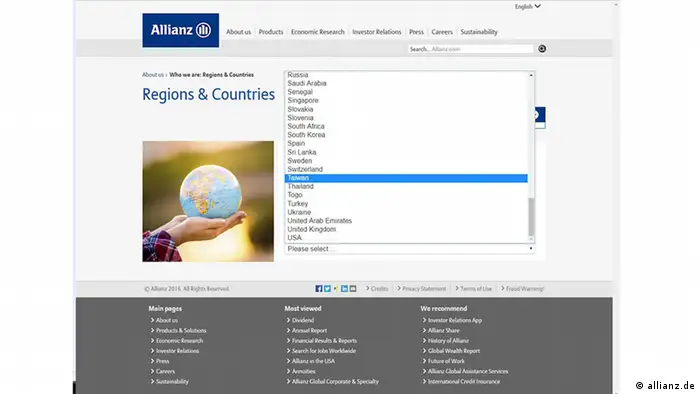 Screenshot Allianz - Standort Taiwan (allianz.de)