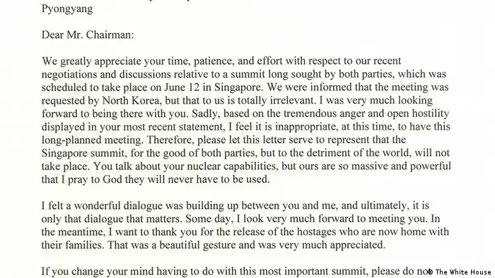 Brief Präsident Trump an Kim Jong-un Absage Gipfel (The White House)