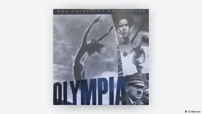 Cover des Riefenstahl-Films Olympia mit einer athletischen Figur und Adolf Hitler. (Criterion)