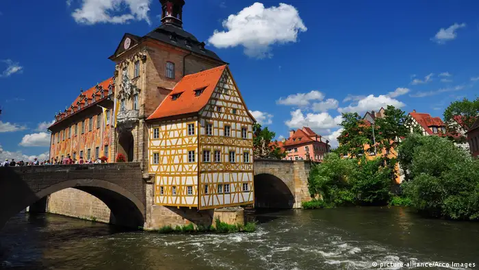 The bridge leading to the island in the river where the historical Town Hall building is located in Bamberg, Bavaria