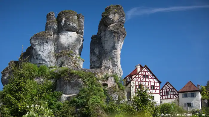 Historic houses next to the rock formations in Tüchersfeld, Franconian Switzerland