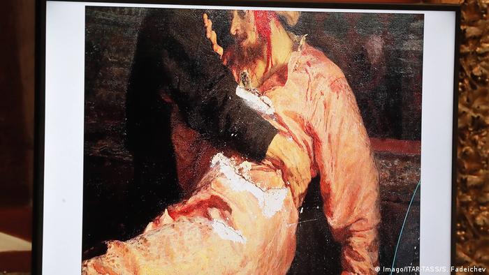 Closeup shows damage on the Ilya Repin painting
