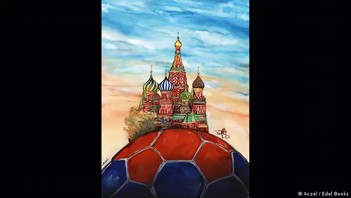 Eine Karikatur mit einem Fußball und der berühmten Basilius-Kathedrale drauf.