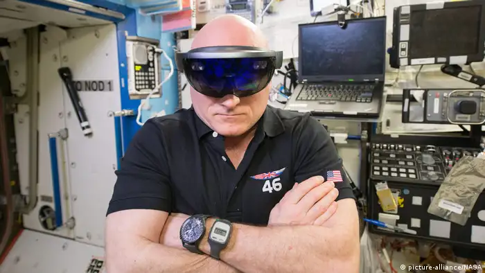 Scott Kelly testing a virtual reality headset while on board the ISS