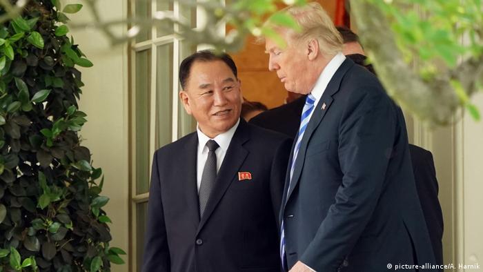 President Donald Trump talks with Kim Yong Chol, left, former North Korean military intelligence chief